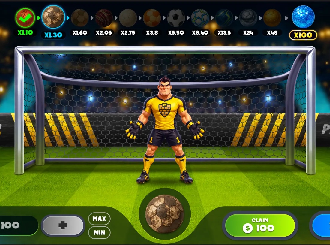 Max Wall penalty shootout crash game — the keeper in goal and a ladder of ball multipliers up to ×100